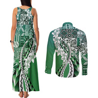 Aloha Vintage Plumeria Hawaiian Tapa Pattern Couples Matching Tank Maxi Dress and Long Sleeve Button Shirt Green Hawaiian Tapa Pattern LT9 - Polynesian Pride