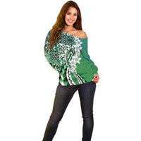 Aloha Vintage Plumeria Hawaiian Tapa Pattern Off Shoulder Sweater Green Hawaiian Tapa Pattern - Polynesian Pride