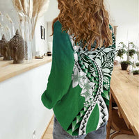 Aloha Vintage Plumeria Hawaiian Tapa Pattern Women Casual Shirt Green Hawaiian Tapa Pattern - Polynesian Pride