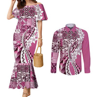 Aloha Vintage Plumeria Hawaiian Tapa Pattern Couples Matching Mermaid Dress and Long Sleeve Button Shirt Pink Hawaiian Tapa Pattern LT9 Pink - Polynesian Pride