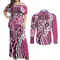 Aloha Vintage Plumeria Hawaiian Tapa Pattern Couples Matching Off Shoulder Maxi Dress and Long Sleeve Button Shirt Pink Hawaiian Tapa Pattern LT9 Pink - Polynesian Pride