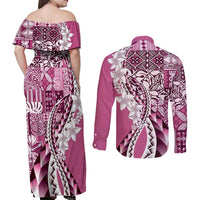 Aloha Vintage Plumeria Hawaiian Tapa Pattern Couples Matching Off Shoulder Maxi Dress and Long Sleeve Button Shirt Pink Hawaiian Tapa Pattern LT9 - Polynesian Pride