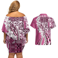 Aloha Vintage Plumeria Hawaiian Tapa Pattern Couples Matching Off Shoulder Short Dress and Hawaiian Shirt Pink Hawaiian Tapa Pattern LT9 - Polynesian Pride