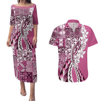 Aloha Vintage Plumeria Hawaiian Tapa Pattern Couples Matching Puletasi and Hawaiian Shirt Pink Hawaiian Tapa Pattern LT9 Pink - Polynesian Pride
