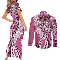 Aloha Vintage Plumeria Hawaiian Tapa Pattern Couples Matching Short Sleeve Bodycon Dress and Long Sleeve Button Shirt Pink Hawaiian Tapa Pattern LT9 - Polynesian Pride