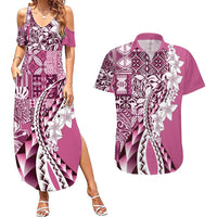 Aloha Vintage Plumeria Hawaiian Tapa Pattern Couples Matching Summer Maxi Dress and Hawaiian Shirt Pink Hawaiian Tapa Pattern LT9 Pink - Polynesian Pride