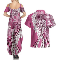 Aloha Vintage Plumeria Hawaiian Tapa Pattern Couples Matching Summer Maxi Dress and Hawaiian Shirt Pink Hawaiian Tapa Pattern LT9 - Polynesian Pride