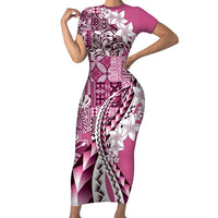 Aloha Vintage Plumeria Hawaiian Tapa Pattern Family Matching Short Sleeve Bodycon Dress and Hawaiian Shirt Pink Hawaiian Tapa Pattern LT9 Mom's Dress Pink - Polynesian Pride