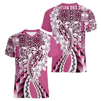 Aloha Vintage Plumeria Hawaiian Tapa Pattern Women V-Neck T-Shirt Pink Hawaiian Tapa Pattern LT9 - Polynesian Pride
