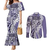 Aloha Vintage Plumeria Hawaiian Tapa Pattern Couples Matching Mermaid Dress and Long Sleeve Button Shirt Purple Hawaiian Tapa Pattern LT9 Purple - Polynesian Pride
