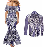 Aloha Vintage Plumeria Hawaiian Tapa Pattern Couples Matching Mermaid Dress and Long Sleeve Button Shirt Purple Hawaiian Tapa Pattern LT9 - Polynesian Pride