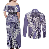 Aloha Vintage Plumeria Hawaiian Tapa Pattern Couples Matching Off Shoulder Maxi Dress and Long Sleeve Button Shirt Purple Hawaiian Tapa Pattern LT9 - Polynesian Pride