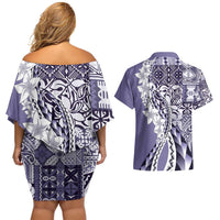 Aloha Vintage Plumeria Hawaiian Tapa Pattern Couples Matching Off Shoulder Short Dress and Hawaiian Shirt Purple Hawaiian Tapa Pattern LT9 - Polynesian Pride