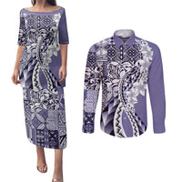 Aloha Vintage Plumeria Hawaiian Tapa Pattern Couples Matching Puletasi and Long Sleeve Button Shirt Purple Hawaiian Tapa Pattern LT9 Purple - Polynesian Pride