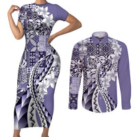 Aloha Vintage Plumeria Hawaiian Tapa Pattern Couples Matching Short Sleeve Bodycon Dress and Long Sleeve Button Shirt Purple Hawaiian Tapa Pattern LT9 Purple - Polynesian Pride