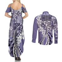 Aloha Vintage Plumeria Hawaiian Tapa Pattern Couples Matching Summer Maxi Dress and Long Sleeve Button Shirt Purple Hawaiian Tapa Pattern LT9 - Polynesian Pride
