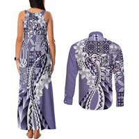 Aloha Vintage Plumeria Hawaiian Tapa Pattern Couples Matching Tank Maxi Dress and Long Sleeve Button Shirt Purple Hawaiian Tapa Pattern LT9 - Polynesian Pride