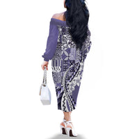 Aloha Vintage Plumeria Hawaiian Tapa Pattern Family Matching Off The Shoulder Long Sleeve Dress and Hawaiian Shirt Purple Hawaiian Tapa Pattern LT9 - Polynesian Pride