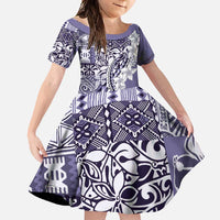 Aloha Vintage Plumeria Hawaiian Tapa Pattern Family Matching Off Shoulder Maxi Dress and Hawaiian Shirt Purple Hawaiian Tapa Pattern LT9 Daughter's Dress Purple - Polynesian Pride