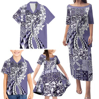 Aloha Vintage Plumeria Hawaiian Tapa Pattern Family Matching Puletasi and Hawaiian Shirt Purple Hawaiian Tapa Pattern LT9 - Polynesian Pride
