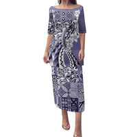 Aloha Vintage Plumeria Hawaiian Tapa Pattern Family Matching Puletasi and Hawaiian Shirt Purple Hawaiian Tapa Pattern LT9 Mom's Dress Purple - Polynesian Pride