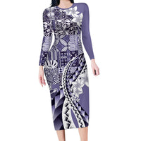 Aloha Vintage Plumeria Hawaiian Tapa Pattern Long Sleeve Bodycon Dress Purple Hawaiian Tapa Pattern LT9 Long Dress Purple - Polynesian Pride