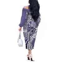 Aloha Vintage Plumeria Hawaiian Tapa Pattern Off The Shoulder Long Sleeve Dress Purple Hawaiian Tapa Pattern LT9 - Polynesian Pride