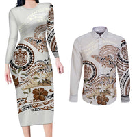 Polynesian Manta Ray Couples Matching Long Sleeve Bodycon Dress and Long Sleeve Button Shirt Beige Floral Turtle Tattoo LT9 Beige - Polynesian Pride