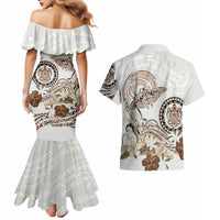 Polynesian Manta Ray Couples Matching Mermaid Dress and Hawaiian Shirt Beige Floral Turtle Tattoo LT9 - Polynesian Pride