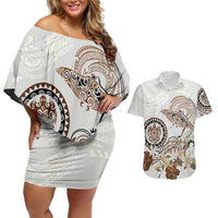 Polynesian Manta Ray Couples Matching Off Shoulder Short Dress and Hawaiian Shirt Beige Floral Turtle Tattoo LT9 Beige - Polynesian Pride