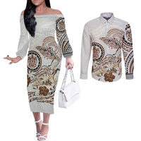 Polynesian Manta Ray Couples Matching Off The Shoulder Long Sleeve Dress and Long Sleeve Button Shirt Beige Floral Turtle Tattoo LT9 Beige - Polynesian Pride