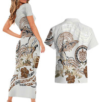 Polynesian Manta Ray Couples Matching Short Sleeve Bodycon Dress and Hawaiian Shirt Beige Floral Turtle Tattoo LT9 - Polynesian Pride