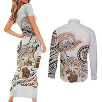 Polynesian Manta Ray Couples Matching Short Sleeve Bodycon Dress and Long Sleeve Button Shirt Beige Floral Turtle Tattoo LT9 - Polynesian Pride
