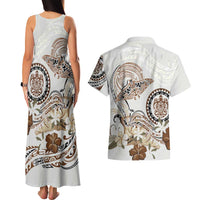 Polynesian Manta Ray Couples Matching Tank Maxi Dress and Hawaiian Shirt Beige Floral Turtle Tattoo LT9 - Polynesian Pride