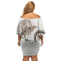 Polynesian Manta Ray Family Matching Off Shoulder Short Dress and Hawaiian Shirt Beige Floral Turtle Tattoo LT9 - Polynesian Pride