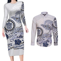 Polynesian Manta Ray Couples Matching Long Sleeve Bodycon Dress and Long Sleeve Button Shirt Blue Floral Turtle Tattoo LT9 Blue - Polynesian Pride
