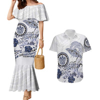 Polynesian Manta Ray Couples Matching Mermaid Dress and Hawaiian Shirt Blue Floral Turtle Tattoo LT9 Blue - Polynesian Pride