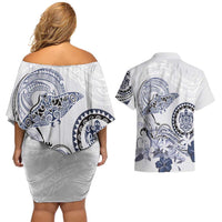 Polynesian Manta Ray Couples Matching Off Shoulder Short Dress and Hawaiian Shirt Blue Floral Turtle Tattoo LT9 - Polynesian Pride
