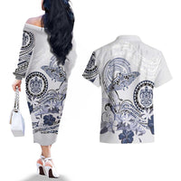 Polynesian Manta Ray Couples Matching Off The Shoulder Long Sleeve Dress and Hawaiian Shirt Blue Floral Turtle Tattoo LT9 - Polynesian Pride