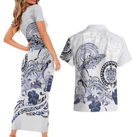Polynesian Manta Ray Couples Matching Short Sleeve Bodycon Dress and Hawaiian Shirt Blue Floral Turtle Tattoo LT9 - Polynesian Pride