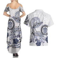 Polynesian Manta Ray Couples Matching Summer Maxi Dress and Hawaiian Shirt Blue Floral Turtle Tattoo LT9 - Polynesian Pride