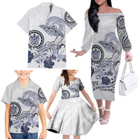 Polynesian Manta Ray Family Matching Off The Shoulder Long Sleeve Dress and Hawaiian Shirt Blue Floral Turtle Tattoo LT9 - Polynesian Pride