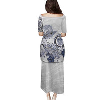 Polynesian Manta Ray Family Matching Puletasi and Hawaiian Shirt Blue Floral Turtle Tattoo LT9 - Polynesian Pride