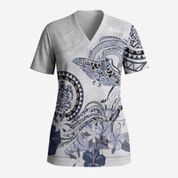 Polynesian Manta Ray Scrub Top Blue Floral Turtle Tattoo - Polynesian Pride