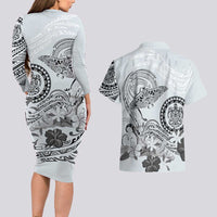 Polynesian Manta Ray Couples Matching Long Sleeve Bodycon Dress and Hawaiian Shirt Gray Floral Turtle Tattoo LT9 - Polynesian Pride