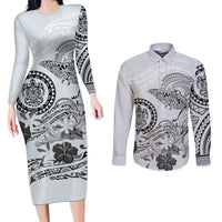 Polynesian Manta Ray Couples Matching Long Sleeve Bodycon Dress and Long Sleeve Button Shirt Gray Floral Turtle Tattoo LT9 Gray - Polynesian Pride