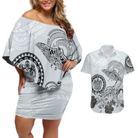Polynesian Manta Ray Couples Matching Off Shoulder Short Dress and Hawaiian Shirt Gray Floral Turtle Tattoo LT9 Gray - Polynesian Pride