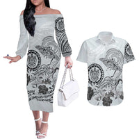Polynesian Manta Ray Couples Matching Off The Shoulder Long Sleeve Dress and Hawaiian Shirt Gray Floral Turtle Tattoo LT9 Gray - Polynesian Pride