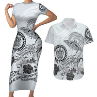 Polynesian Manta Ray Couples Matching Short Sleeve Bodycon Dress and Hawaiian Shirt Gray Floral Turtle Tattoo LT9 Gray - Polynesian Pride