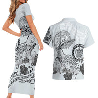 Polynesian Manta Ray Couples Matching Short Sleeve Bodycon Dress and Hawaiian Shirt Gray Floral Turtle Tattoo LT9 - Polynesian Pride